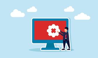 businessman placing a gear icon labeled with a cross on a monitor, illustration of a failed company online digitalization system vector