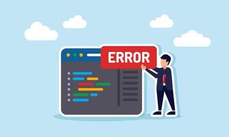businessman carrying an error label beside a programming app interface, illustration of a company online digitalization system that is malfunctioning or not working vector