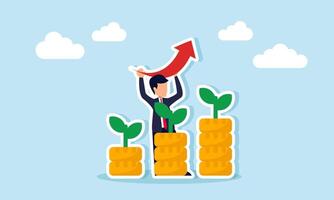 businessman raising an upward arrow behind a stack of coins and piles forming a chart, illustration of business investment performance improvement vector