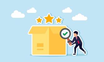 Businessman holding a magnify glass with a check mark to examine an open box containing three stars, illustration of verifying and validating logistics service satisfaction level vector