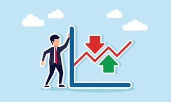Businessman stands beside a line chart with up and down arrows, illustration of business product purchase performance fluctuation vector