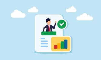 A businessman is inside a check-marked paper and a chart, illustration of company qualification standardization and validation vector