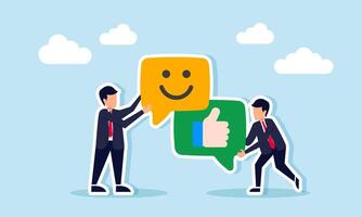 Businessman holding a chat dialog with a thumbs up, while another holds a chat dialog with a smile, illustration of positive response to business performance vector