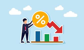 businessman holding a percentage sign with a red downward arrow next to a declining graph, illustration of a business financial performance decline vector
