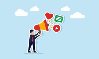 Businessman holds a megaphone, generating love, play, and chat dialog symbols, illustration of promotion, socialization, and education related to response and participation vector