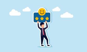 Businessman holding up a board with a happy emoticon and three stars, illustration of good customer satisfaction level vector