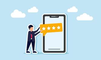 Businessman holding a chat dialog with four stars standing next to a smartphone, illustration of online and digital rating related to business performance vector
