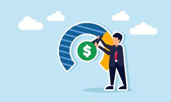 Businessman trying to move the needle of a dollar-marked indicator, illustration of good business financial performance vector