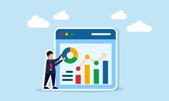 Businessman carries a circle chart next to an app interface displaying a complex graph, illustration of completing business report digitally and online vector