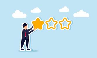 Businessman placing and filling stars on a star-shaped line form with three stars in a row, illustration of one-star or poor rating vector