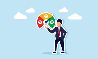 Businessman showing a satisfaction indicator displaying emoticons from sad to happy, illustration of business performance satisfaction evaluation vector