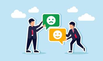 businessman hold a chat dialog labeled with a happy emoticon and another hold a chat dialog with a sad emoticon, illustration of different responses to business performance satisfaction vector