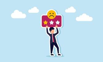 Businessman holding up a board with a sad emoticon and one star, illustration of customer dissatisfaction with business performance vector