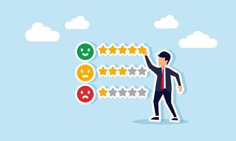 Businessman placing a star to complete five stars on a satisfaction level list, illustration of business performance satisfaction rating vector