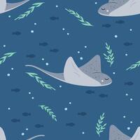 Seamless pattern with stingray, fishes and seaweed vector