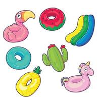 Collection of Pool Floats Flamingo, Watermelon, Banana, Cactus, Unicorn, Pineapple vector
