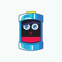 Sad cartoon battery character with low energy inside, showing weak power and tired expression vector