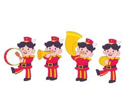 Marching band characters playing various musical instruments in a festive bundle, full of energy and joy vector