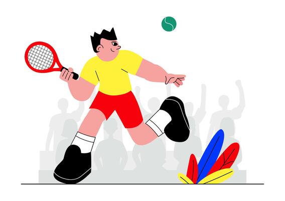 Flat Style of Tennis Player with Racket and Ball on Court