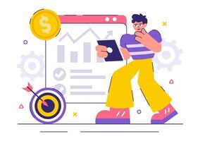 Illustration of Market Research and Data Analysis with Team Management and Flat Style Background vector