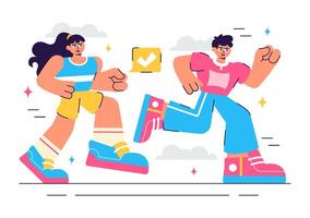 Flat Cartoon Style Illustration of People Jogging and Walking During a Fun Run Event vector