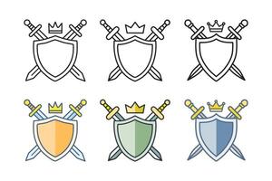 Simple shield and sword emblems in various color schemes. vector
