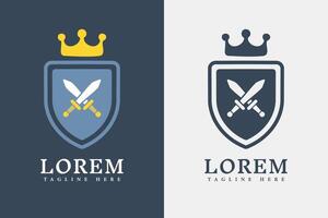 Two logo variations of a shield with crossed swords and crown. vector
