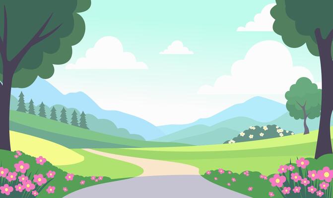Road in the Park Garden Nature Landscape with Flowers Plant Tree in Summer Season
