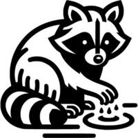 Curious raccoon dabbles with its paw in a puddle of water in monochrome. Engraving minimalistic image in black ink drawing on white background vector