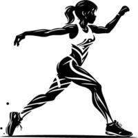 Fit sportswoman doing stretching and warm up exercises before training in monochrome. Engraving minimalistic image in black ink drawing on white background vector