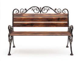 Vintage park bench,ornate metal frame isolated on white background photo