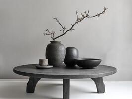A black table with a vase and a branch photo