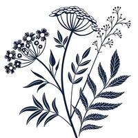 Hand Sketched Wildflower Pattern with Leaves in Black on White vector