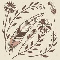 Boho desert seamless pattern with succulents, feathers, and sun symbols, earthy vector
