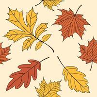 Seamless autumn leaves pattern with maple, oak, and ginkgo leaves in warm fall colors orange, brown, yellow background vector
