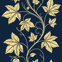 Golden leaves and vines pattern on dark navy background, seamless luxury botanical design, metallic foil effect vector