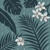 Seamless vec pattern of tropical flowers with puddles, frogs, and glossy wet leaves vector