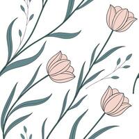 Botanical seamless pattern with tulips and delicate green stems, modern minimal vector