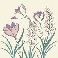 Vector-style seamless floral pattern with crocus and hyacinth, soft gradients and flat design vector