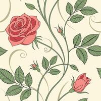 Seamless pattern of blooming roses with curling leaves, watercolor texture, vec romantic background vector