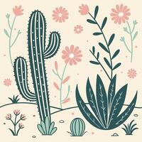 Seamless desert flora pattern with cacti, succulents, and small wildflowers, soft pastel background, vector