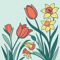 Hand-painted tulips and daffodils pattern, light sky blue background, joyful spring vector