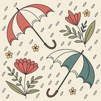 Seamless pattern of rainy day with umbrella and floral elements blending vector