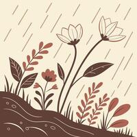 Muted floral monsoon pattern with wet soil textures and subtle blooms, earthy tones vector