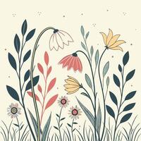 Whimsical spring pattern with hand-drawn wildflowers and sprouting leaves, soft beige vector