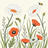 Blooming field pattern with daisies, poppies, and bees, seamless sunny meadow design vector