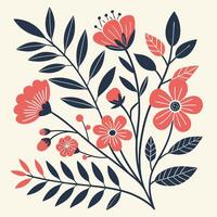 Flat floral pattern with flower clusters and leafy branches, mid century modern style vector