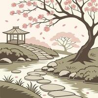 Japanese spring garden pattern with cherry blossoms, stone paths, and pond reflections vector
