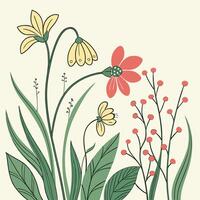 Whimsical spring pattern with hand-drawn wildflowers and sprouting leaves, soft beige background vector