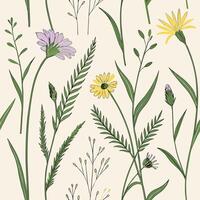 Seamless watercolor pattern of wildflowers and meadow grass, soft pastel background, spring vibe, hand-painted style vector